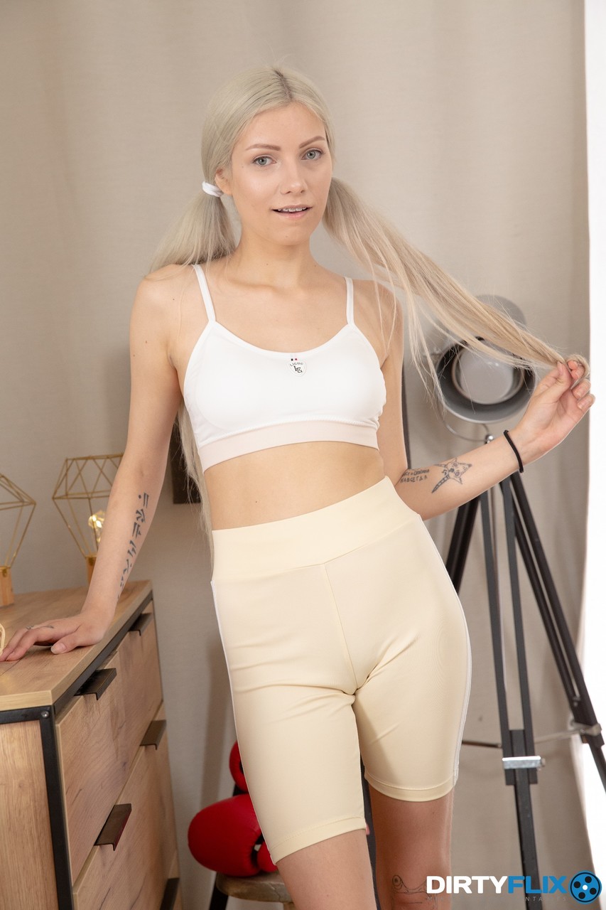 Pigtailed platinum blonde teen Vasya Sylvia gets fucked on a yoga mat  